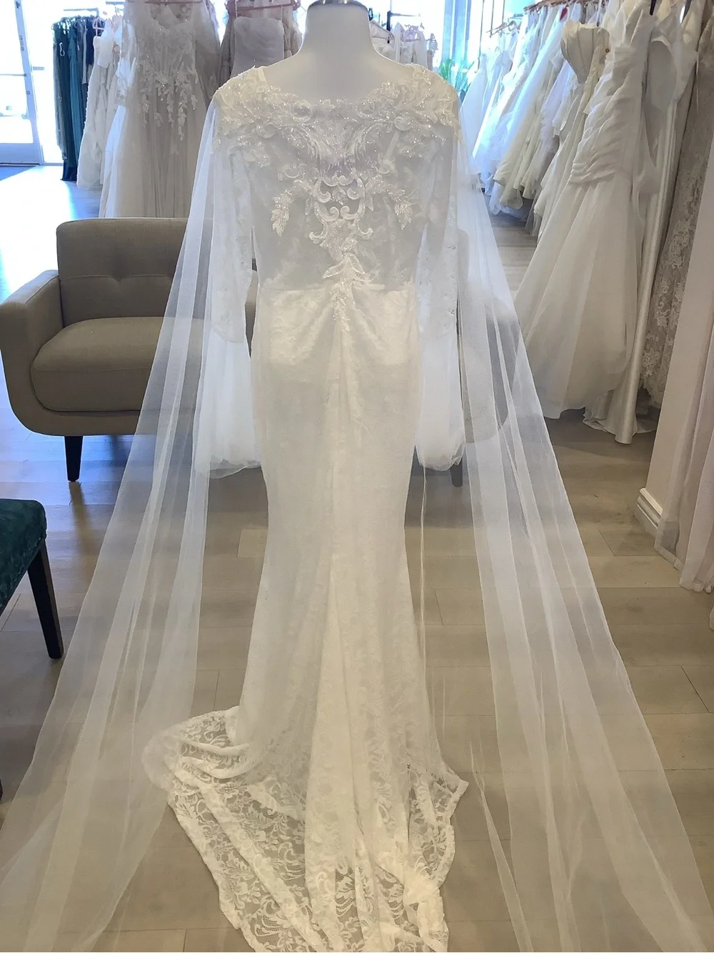 Cathedral Length Bridal Cape | Beaded Lace Shoulder Cape